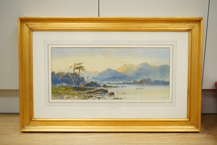 William Henry Earp (1831-1914), pair of watercolours, 'Early morn Loch Katrine, Scotland' and 'Early morn, Loch Awe, Scotland', each signed and dated 1885 to the mounts, 23 x 52cm, gilt frames. Condition - fair to good